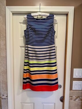 Ellen Tracy Navy and Multi-Color Striped Midi Dress